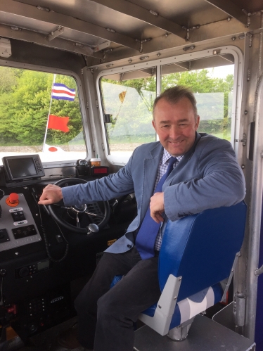 Simon Hart MP is pictured on board the new Glansteffan ferry which is linking Llansteffan and Ferryside for the first time in 60 years